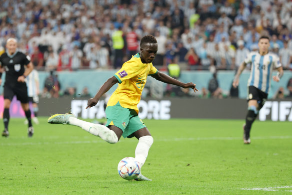 Garang Kuol of Australia shoots during the FIFA World Cup Qatar 2022 Round of 16 match.