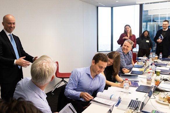 NSW Treasurer Matt Kean visits Herald journalists working on stories in “budget lock-up” prior to his speech on  Tuesday.