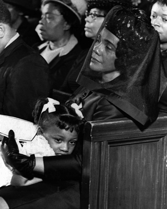 Coretta Scott King and her daughter, Bernice, attending the funeral of her husband, Martin Luther King, on April 9, 1968.