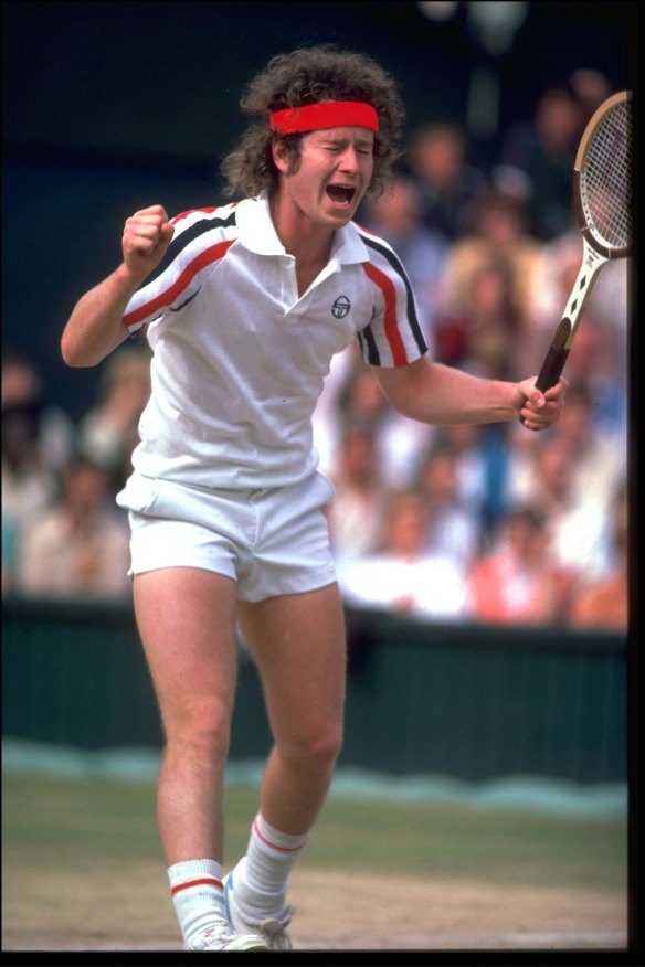 John McEnroe is unhappy with an umpire's decision during Wimbledon in 1980.