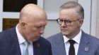 Opposition Leader Peter Dutton and Prime Minister Anthony Albanese   during a Last Post ceremony to mark the first sitting of the 47th Australian Parliament, at the Australian War Memorial in Canberra on Monday 25 July 2022. fedpol Photo: Alex Ellinghausen
