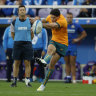 FLORENCE, ITALY - NOVEMBER 12: Ben Donaldson of Australia fails with his conversion kick at the end of the Autumn International match between Italy and Australia at Stadio Artemio Franchi on November 12, 2022 in Florence, Italy. (Photo by Timothy Rogers/Getty Images)
