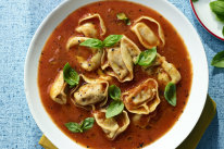 Spicy tomato, tortellini and chilli soup.