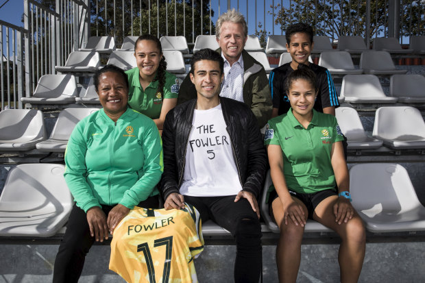 The Fowler clan (back, from left): Ciara, Kevin, Seamus, (front) Nido, Quivi and Louise with Mary's Matildas jersey.