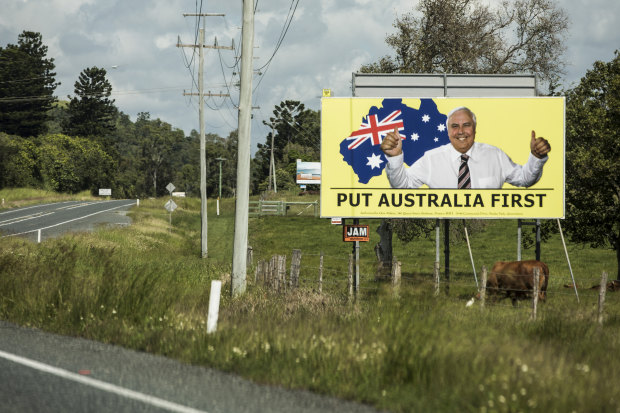 A United Australia Party billboard on the Bruce Highway near Mackay.