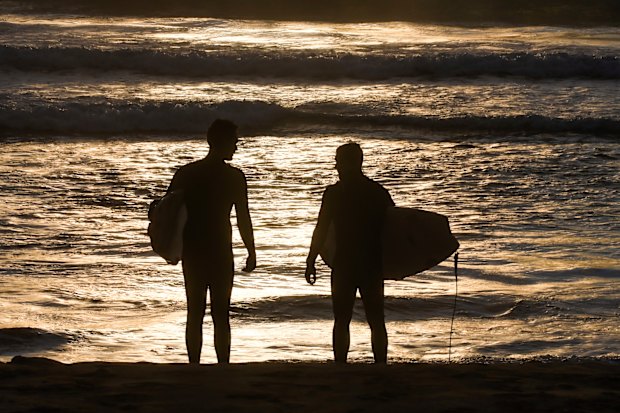 Thousand-mile stares: Surfers at dawn in search of a wave at Manly Beach.