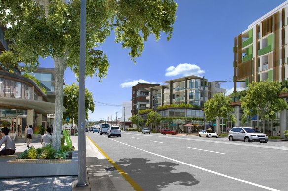 Artists impression of Ipswich Road at Moorooka looking towards the city with the new Moorooka train station on the left-hand side.