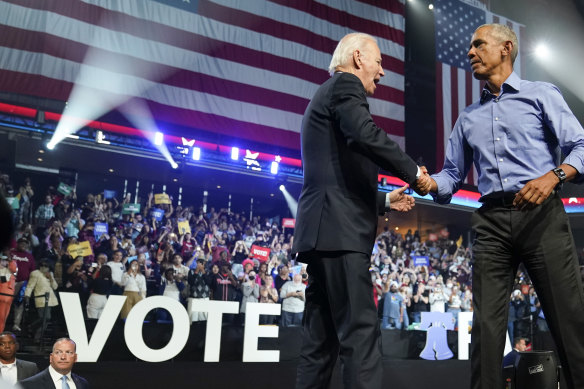 President Joe Biden and former president Barack Obama at a campaign rally in Philadelphia in 2022.