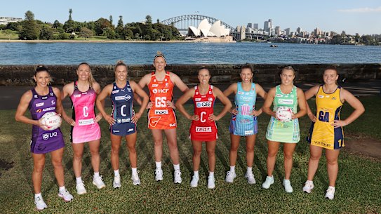 Netball captains Kim Ravaillion (Queensland Firebirds) Hannah Petty (Adelaide Thunderbirds), Kate Moloney (Melbourne Vixens), Jo Harten (Giants), Paige Hadley (NSW Swifts), Amy Parmenter (Melbourne Mavericks), Jess Anstiss (West Coast Fever) and Steph Fretwell (Sunshine Coast Lightning) launch the Super Netball Team Girls Cup in Sydney.