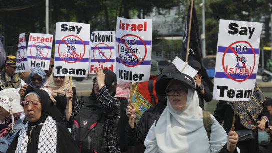 Protesters march against the Israeli team’s participation in the FIFA U-20 World Cup in Jakarta, Indonesia, on Monday.