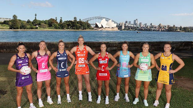 Super Netball captains Kim Ravaillion (Queensland Firebirds), Hannah Petty (Adelaide Thunderbirds), Kate Moloney (Melbourne Vixens), Jo Harten (Giants), Paige Hadley (NSW Swifts), Amy Parmenter (Melbourne Mavericks), Jess Anstiss (West Coast Fever) and Steph Fretwell (Sunshine Coast Lightning).