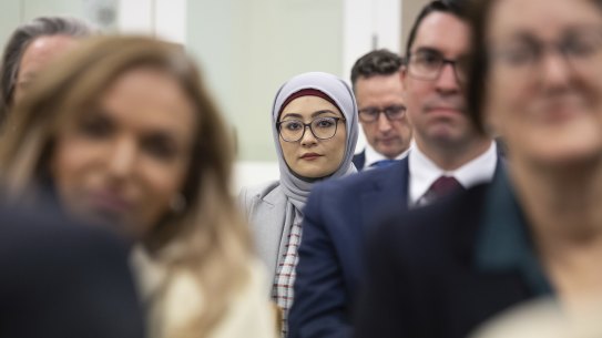 Senator Fatima Payman as Prime Minister Anthony Albanese addresses a Labor caucus meeting, at Parliament House in Canberra on Tuesday.