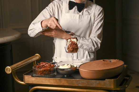 Chocolate mousse is served tableside at Maison Batard in Melbourne.