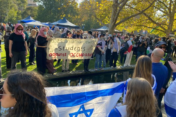 An uneasy stand-off formed at Melbourne University this month between a Jewish community rally and students protesting against university ties to weapons companies and Israel’s war in Gaza. 