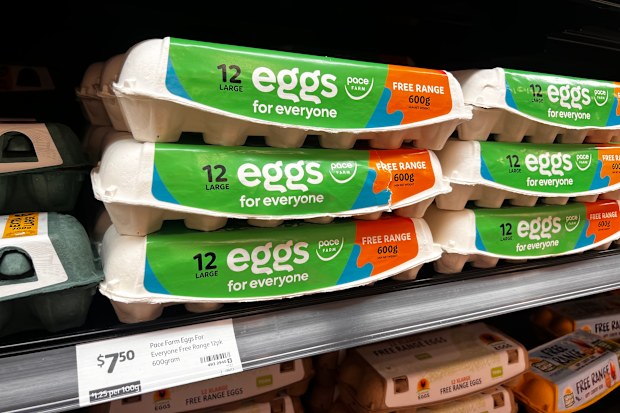 Cartons of eggs stacked on a supermarket shelf.