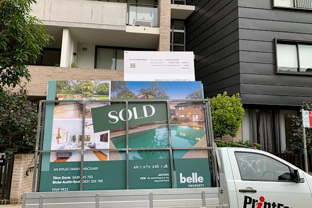 A sold sign outside a Sydney apartment building.