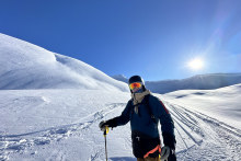 Stewart Cameron heli-skiing in the Skeena Mountains in British Columbia, Canada.