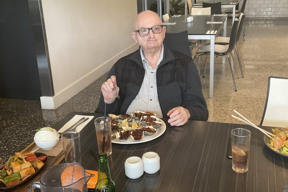 Brian Irwin enjoying oysters on April 15, 2023, two days before he died.