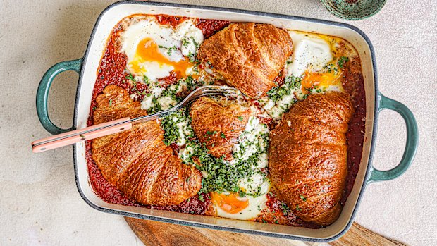 Shakshuka meets savoury bread-and-butter pudding in this share-friendly brunch dish.