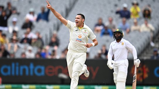 Scot Boland celebrates another wicket as Australia romp to victory.
