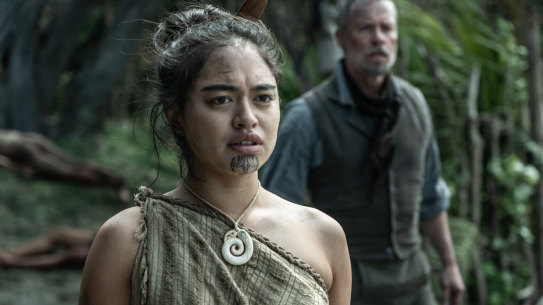 Tioreore Ngatai-Melbourne as Rangimai and Guy Pearce as Thomas Munro in The Convert.