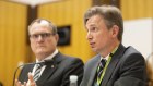 Chris Jordan (left) and Jeremy Hirschhorn at the Senate estimates hearing.