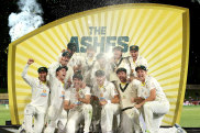 HOBART, AUSTRALIA - JANUARY 16: Australia celebrate after winning the Fifth Test in the Ashes series between Australia and England at Blundstone Arena on January 16, 2022 in Hobart, Australia. (Photo by Robert Cianflone/Getty Images)