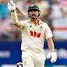 Travis Head raises his bat after his stunning knock in Perth.