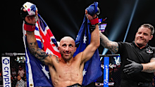 Alexander Volkanovski of Australia reacts after a victory against Movsar Evloev of Russia.