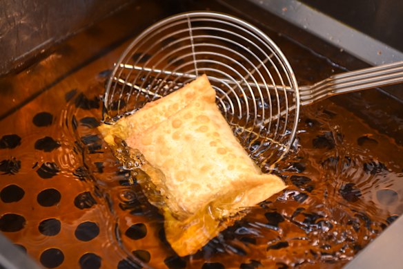 The lasagna pocket is deep-fried until crunchy and golden.