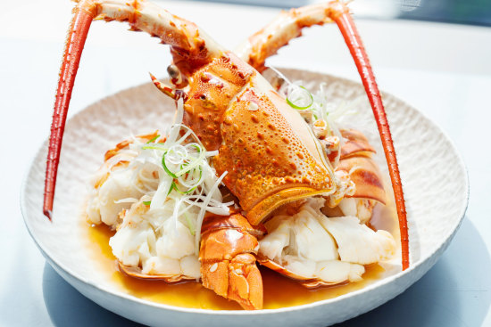 Rock lobster with preserved plums, ginger, smoked pork stock and licorice root.