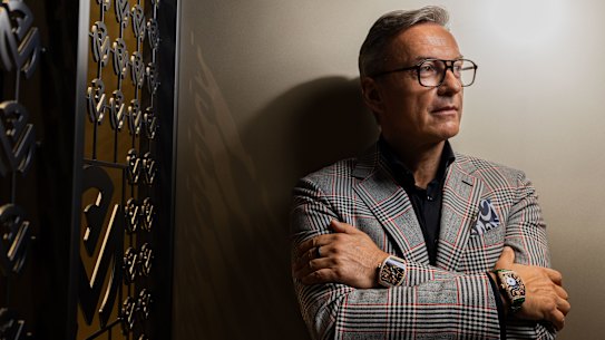 Franck Muller chief executive Nicholas Rudaz at the new Sydney boutique wearing a $352,400 Gravity Skeleton Tourbillion and Crazy Hours watch.