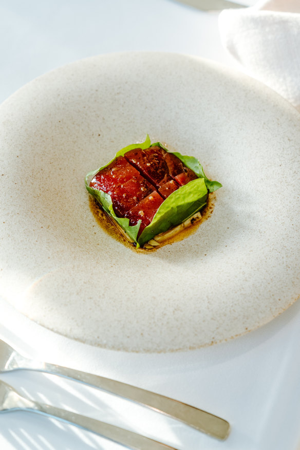Yellowfin tuna with eggplant and sorrel.