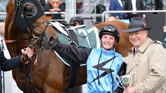 Caulfield Cup favourite Half Yours with jockey Jamie Melham and trainer Tony McEvoy.