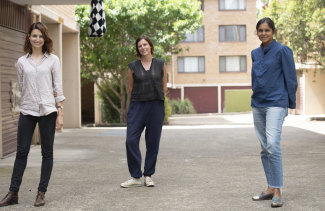 Producers (from left) Bree-Anne Sykes, Annabel Davis and Sheila Jayadev on the set of <i>Here Out West</i> in Blacktown.
