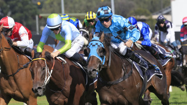 Sky Lab (left) and Mo’unga fight out the Rosehill Guineas earlier this year.