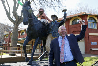 Moody at the unveiling of the Black Caviar statue at Caulfield in 2019.