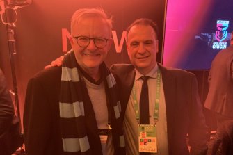 Anthony Albanese and Peter V’landys inside the NRL chairman’s suite at the first State of Origin.