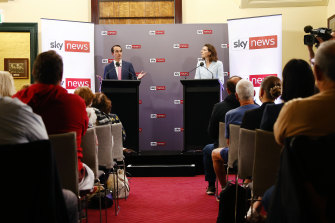 Liberal MP Dave Sharma and Independent candidate for Wentworth Allegra Spender during the Sky News Wentworth People’s Forum.