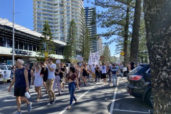 Protesters let their feelings be known in Coolangatta on Sunday.