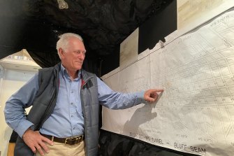 Ipswich Historical Society president Hugh Taylor points to the location of the fire in the 1972 Box Flat mine about 100 metres beneath the surface of the ground at Swanbank.