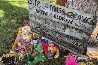 A makeshift memorial in Albuquerque for the dozens of Indigenous children who died more than a century ago while attending a boarding school.
