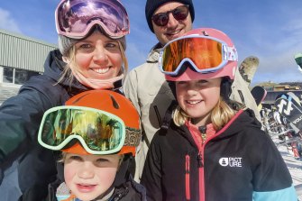Christie and Matt Hampton with kids Jack and Ashleigh skiing at Perisher.