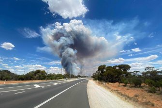 The Calder Highway fire, south of Mildura, where the road has been blocked off and traffic diverted on Saturday.