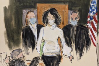 In this courtroom sketch, Ghislaine Maxwell enters the courtroom.