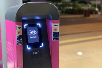 A smart ticketing reader, which allows people to tap on and off public transport using debit cards, credit cards and smart devices, as part of the Gold Coast tram trial.  