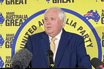 United Australia Party founder Clive Palmer announcing candidates for this year’s federal election.