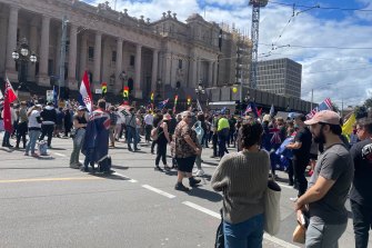 Protesters gathering on Saturday morning in downtown Melbourne.