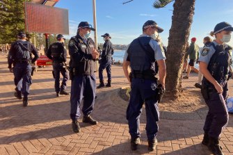 NSW Police on patrol at Manly Beach earlier this morning. 