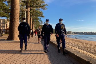 NSW Police patrol Manly Beach earlier this morning. 